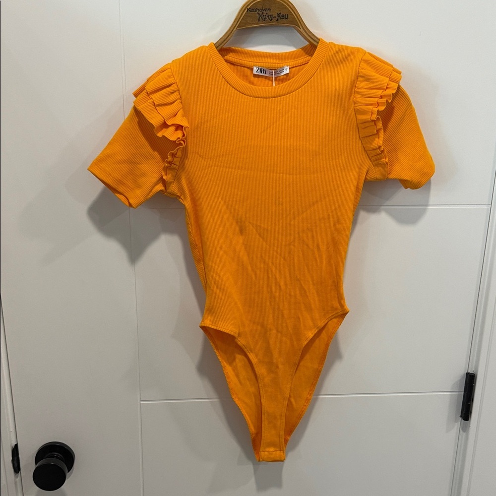 Zara Bright Orange Ruffle-Sleeve One-Piece Bodysuit size small NWT